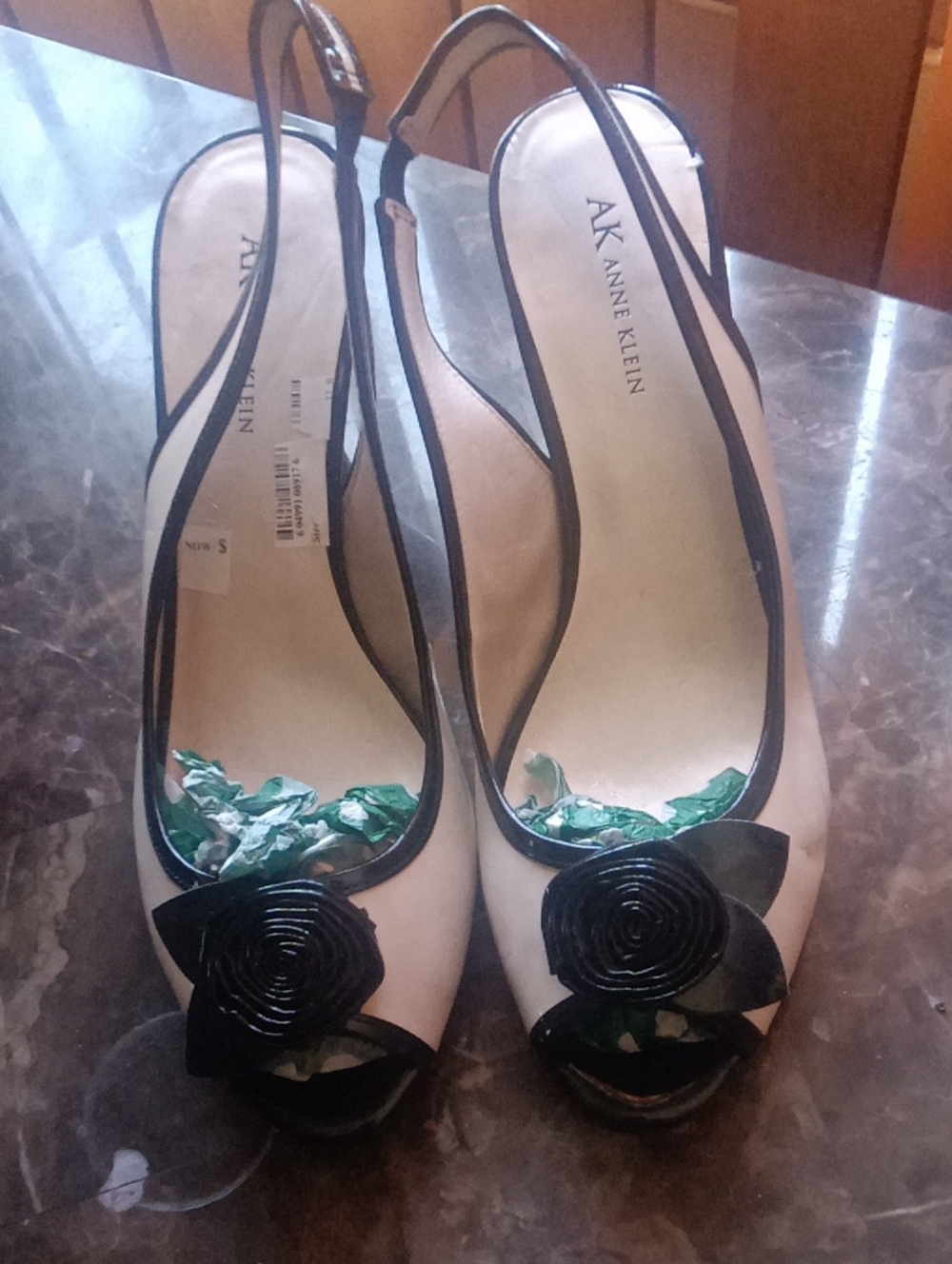 Anne Klein Cream Slingback Peep-Toe Heels with Black Rose Accent